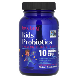 LoveBug Probiotics, пробиотики для детей, от 4 лет, с ягодным вкусом,10 млрд КОЕ, 30 жевательных таблеток