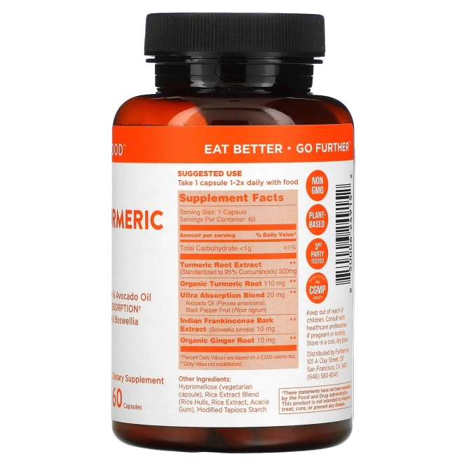 Further Food, Куркумин и куркума премиального качества, максимальная эффективность, 500 мг, 60 капсул