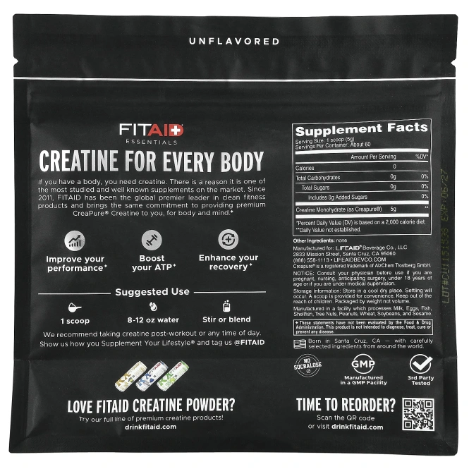 FITAID, Essentials, моногидрат креатина, без добавок, 300 г (10,6 унции)