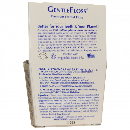 Eco-Dent, Зубная нить GentleFloss, мята, 40 ярдов (36,57 м)