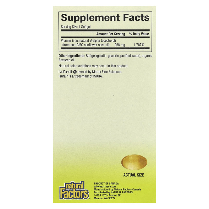 Natural Factors, Пищевая добавка "Непочатое море и земля", подсолнечник, витамин Е, 400 МЕ, 90 желатиновых капсул