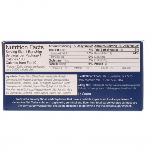HealthSmart Foods, Inc., "ChocoRite", белковые батончики со вкусом молочного коктейля с шоколадным печеньем, 16 батончиков по 1,2 унции (34 г)