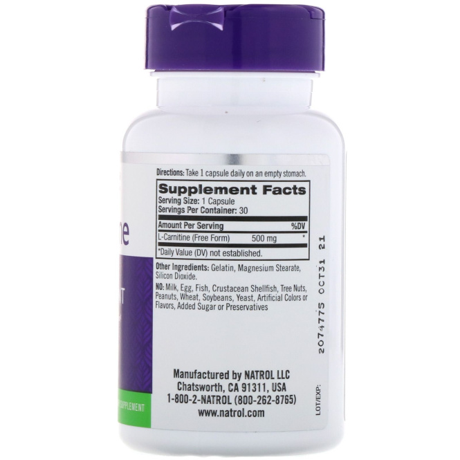 Natrol, L-карнитин, 500 мг, 30 капсул