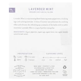Rishi Tea, Organic Botanical Blend, лаванда и мята, без кофеина, 15 пакетиков, 37,5 г (1,32 унции)