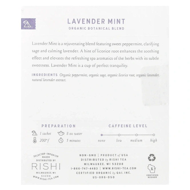 Rishi Tea, Organic Botanical Blend, лаванда и мята, без кофеина, 15 пакетиков, 37,5 г (1,32 унции)