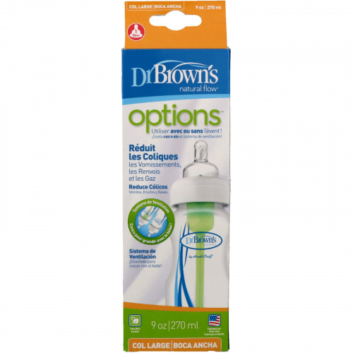 Dr. Brown's, Естественный поток, опции, широкое горлышко, с 0 месяцев, 1 бутылочка, 9 унц. (270 мл)