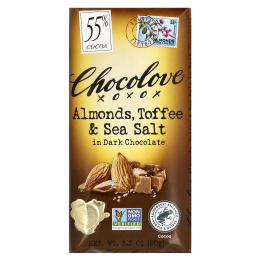Chocolove, черный шоколад с миндалем, тоффи и морской солью, 55% какао, 90 г (3,2 унции)