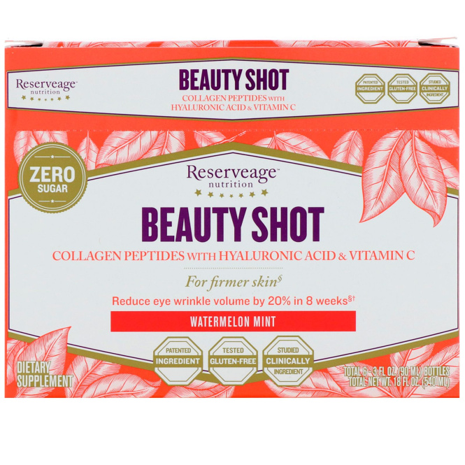 ReserveAge Nutrition, Beauty Shot, пептиды коллагена с гиалуроновой кислотой и витамином С, арбуз и мята, 6 бутылочек, 3 ж. унц. (90 мл) каждая