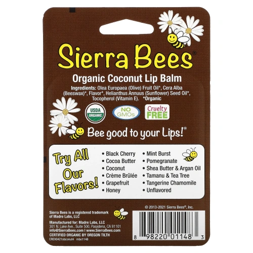 Sierra Bees, Органический бальзам для губ, кокос, 4 шт., 0,15 унций (4,25 г) каждый