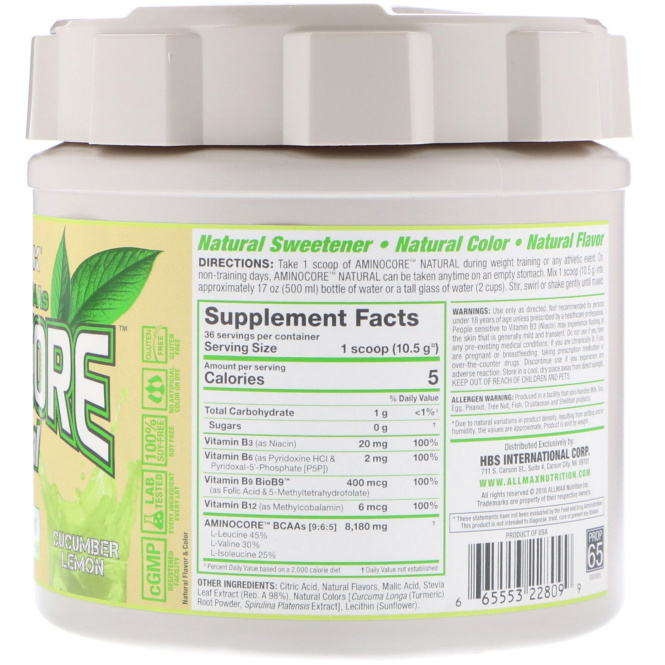 ALLMAX Nutrition, AMINOCORE Natural Instantized BCAAs, Cucumber Melon, 13.3 oz (378 g)