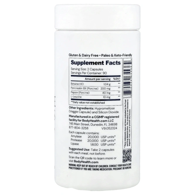 BodyHealth, Пищеварительные ферменты с бетаином, панкреатином и пепсином, 180 капсул
