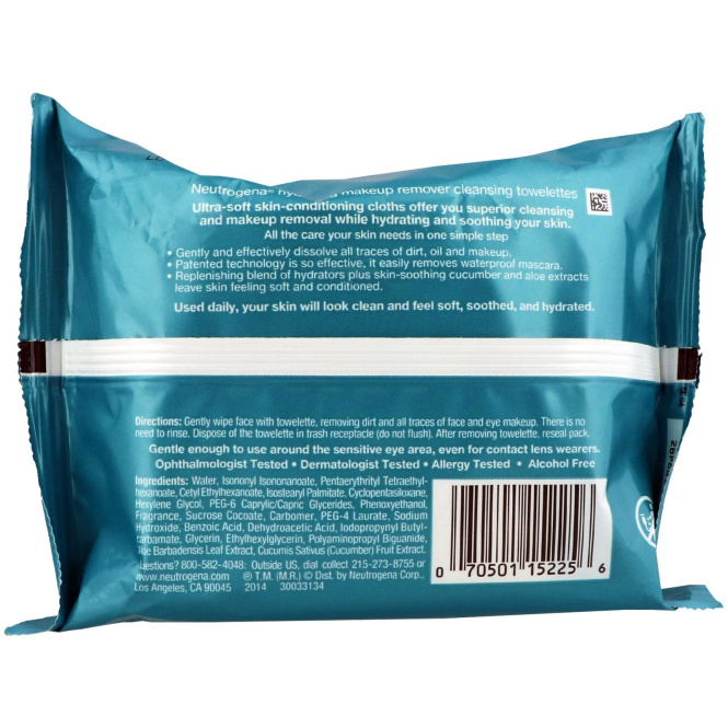 Neutrogena, Очищающие салфетки для снятия макияжа, Увлажнение, 25 влажных салфеток