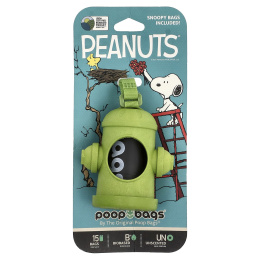 Original Poop Bags, Peanuts®, диспенсер для пакетиков, зеленый, пакетики-снупи, без запаха, 1 дозатор, 15 пакетиков