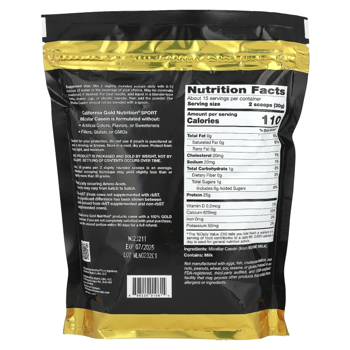 California Gold Nutrition, SPORT, белок мицеллярногок казеина, без ароматизаторов, 88% белка, медленное усвоение, легкое переваривание, класс A Айдахо, США, молочный продукт, 454 г