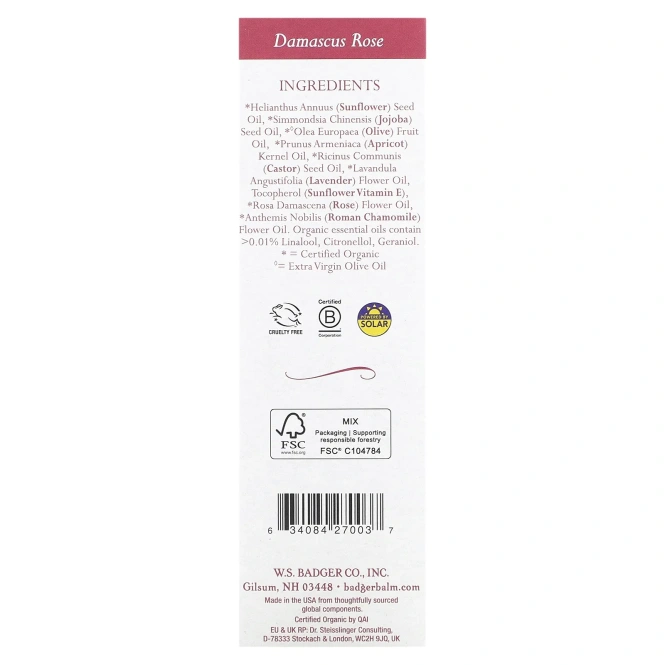 Badger Company, Очищающие масло дамасской розы для лица, для сухой/чувствительной кожи, 59,1 г (2 жидких унций)