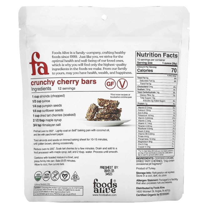 Foods Alive, органическая вишня, сушеная, 284 г (10 унций)