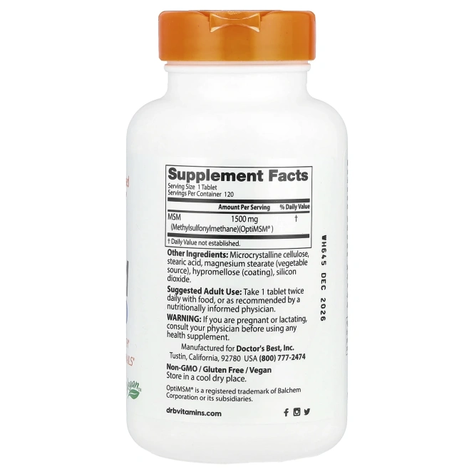 МСМ с OptiMSM 1500 мг, MSM with OptiMSM 1500 mg, Doctor's Best, 120 капсул