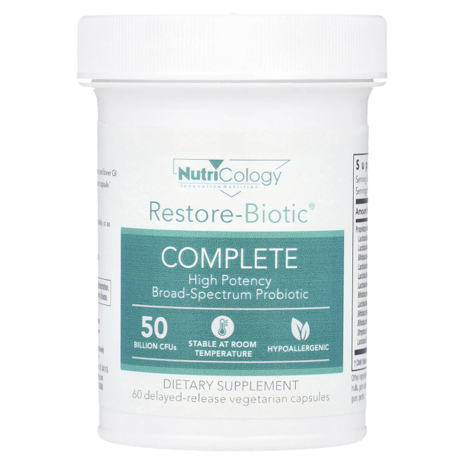 Nutricology, Restore-Biotic Complete, 50 миллиардов, 60 вегетарианских капсул с отсроченным высвобождением