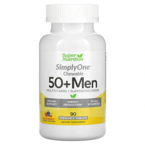 Super Nutrition, SimplyOne, Мультивитамины тройной силы для мужчин 50+, Вкус лесных ягод, 90 жевательных таблеток