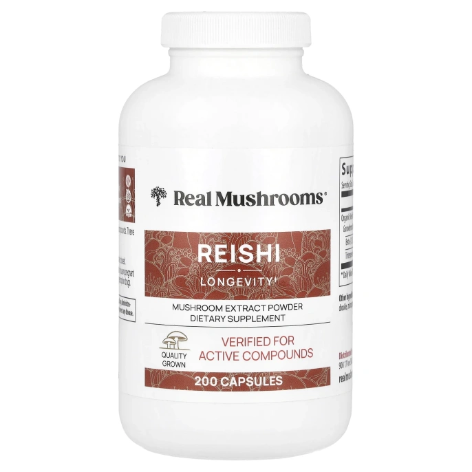 Real Mushrooms, Рейши, экстракт грибов в порошке, 200 капсул
