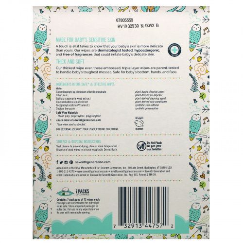 Seventh Generation, Baby Wipes, Free & Clear, 504 Wipes