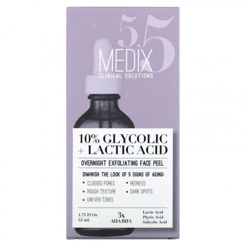 Medix 5.5, 10% гликолевая + молочная кислота, ночной отшелушивающий пилинг для лица, 52 мл (1,75 жидк. Унции)