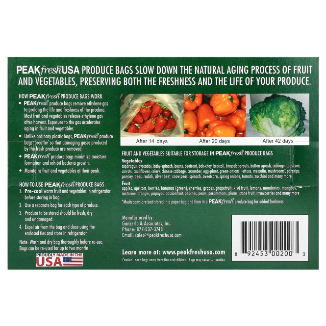 PEAKfresh USA, Многоразовые пакеты для хранения продуктов, 10 - 12 x 16 дюймов, с проволочным креплением