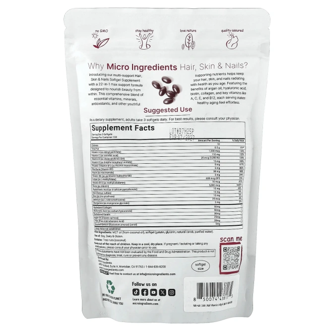 Micro Ingredients, волосы, кожа и ногти, 400 капсул
