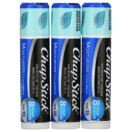 Chapstick, 2-In-1 Lip Care Skin Protectant, SPF 15, Cool Mint, 3 Sticks, 0.15 oz (4 g) Each