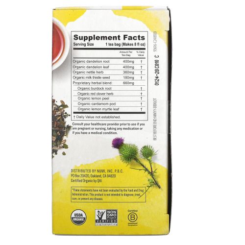 Numi Tea, Organic, Dandelion Detox, без кофеина, 16 чайных пакетиков без ГМО, 32 г (1,13 унции)