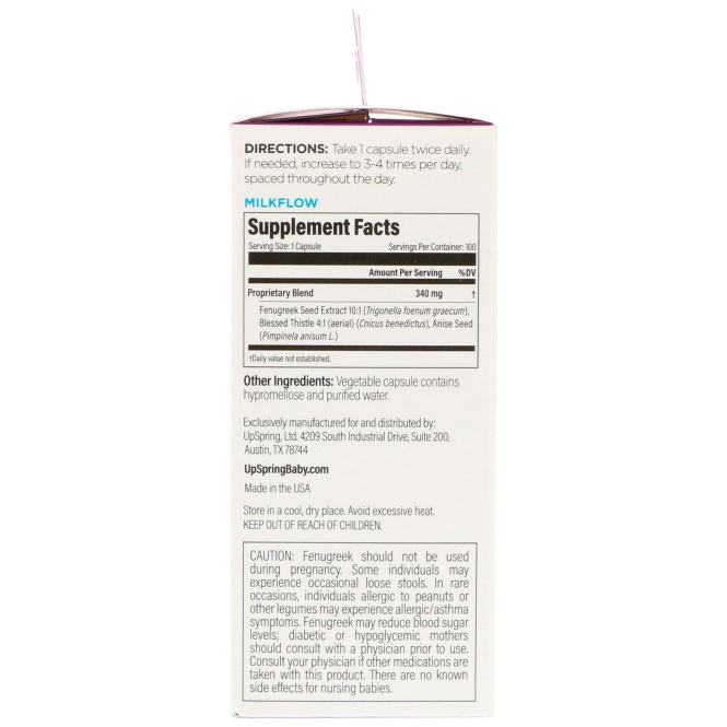 UpSpring, Milkflow, пажитник + кникус благословенный, 100 вегетарианских капсул