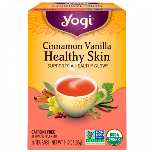 Yogi Tea, Здоровая кожа, без кофеина, корица и ваниль, 16 чайных пакетиков, 1,12 унции (32 г)