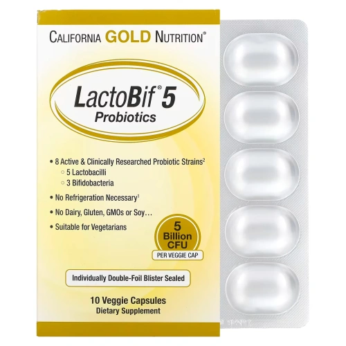 California Gold Nutrition, Пробиотики LactoBif, 5 млрд КОЕ, 10 овощных капсул