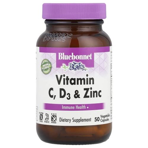Bluebonnet Nutrition, витамины C, D3 и цинк, 50 растительных капсул