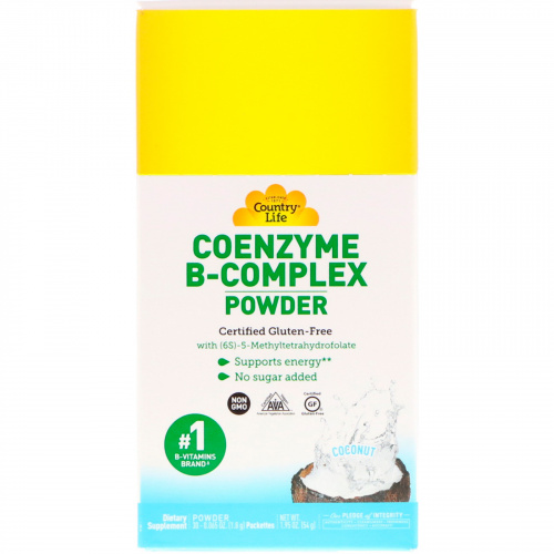 Country Life, Coenzyme B-Complex в форме порошка, кокос, 30 пакетиков, 0,065 унций (1,8 г)