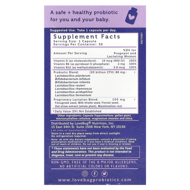 LoveBug Probiotics, пробиотик для послеродового периода, 20 млрд КОЕ, 30 капсул