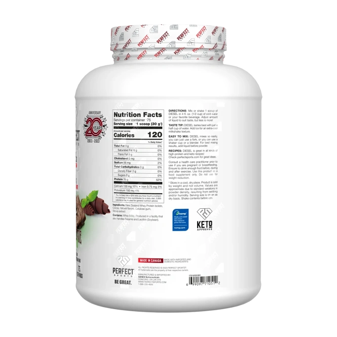 PERFECT Sports, Diet, новозеландский сывороточный изолят, шоколад и мята, 2,27 кг (5 фунтов)