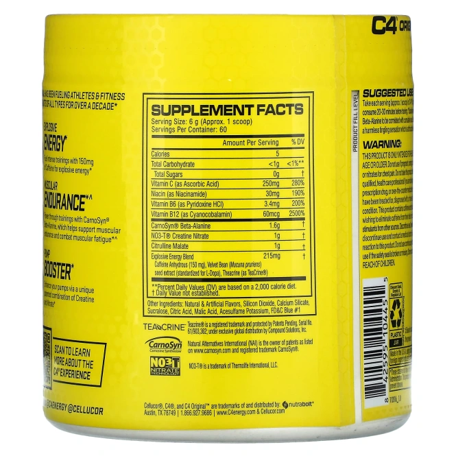 Cellucor, C4 Оригинальный Взрывной, Предтренировочная формула, Ледяная голубая малина, 13,8 унц. (390 г)