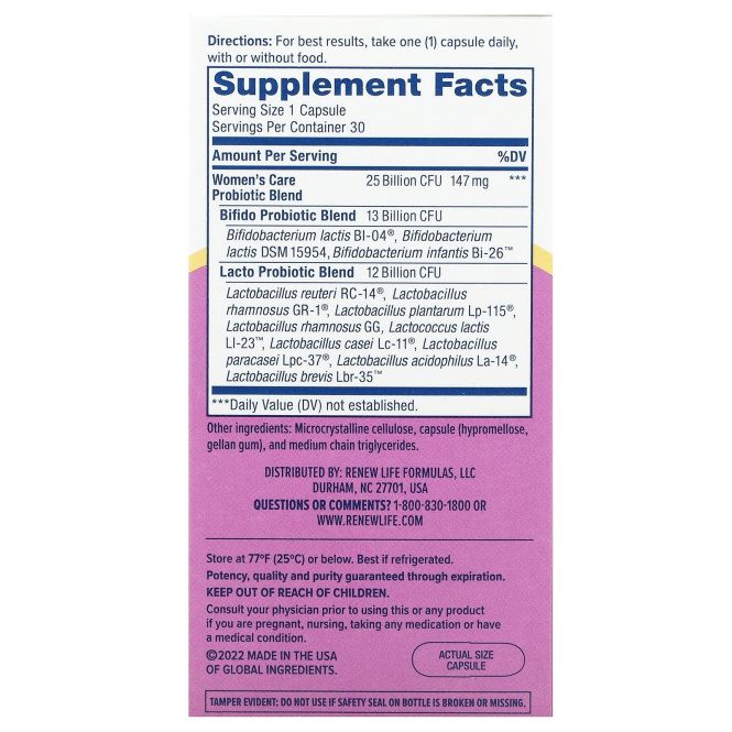 Renew Life, пробиотик для женского здоровья, 25 млрд КОЕ, 30 вегетарианских капсул