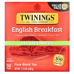 Twinings, English Breakfast, черный чай без кофеина, 50 чайных пакетиков, 100 г (3,53 унции)