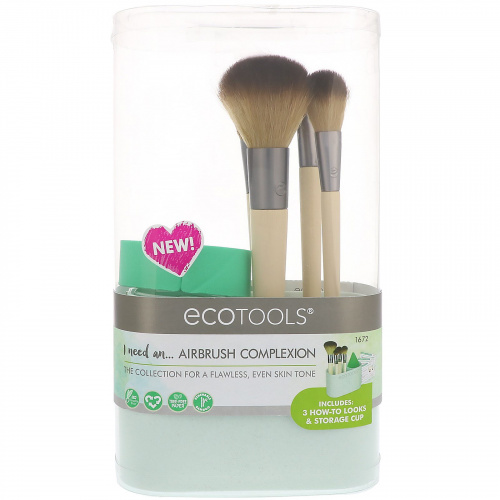 EcoTools, Набор Airbrush Complexion, 4 кисточки, 1 клин для макияжа, 1 стакан для хранения