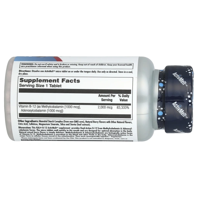 KAL, витамин B-12 (в виде метилкобаламина и аденосилкобаламина), с ягодным вкусом, 2000 мкг, 60 мини-таблеток