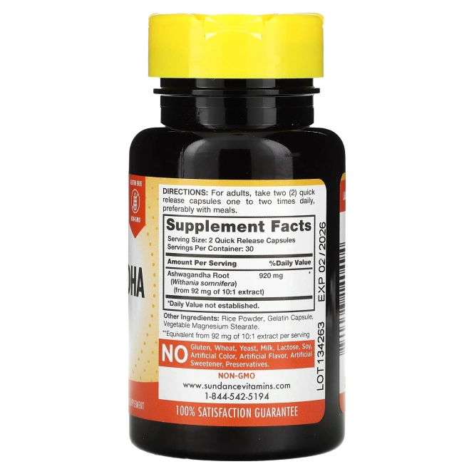 Sundance Vitamins, суперконцентрированная ашваганда, 920 мг, 60 капсул с быстрым высвобождением (460 мг в 1 капсуле)