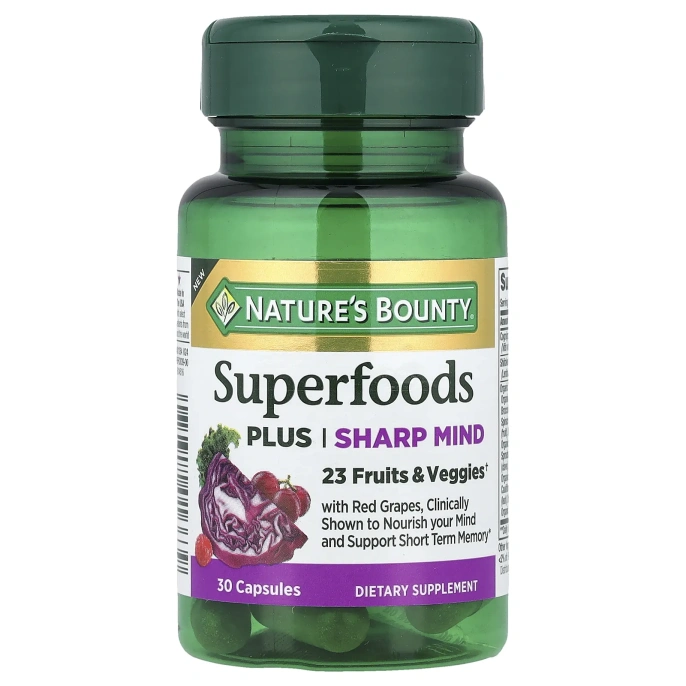 Nature's Bounty, Superfoods Plus Sharp Mind, суперфуды, 30 капсул