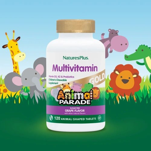 Nature's Plus, Source of Life Animal Parade, Gold, Children's Chewable Multi-Vitamin & Mineral Supplement, Natural Grape Flavor, 120 Animal-Shaped Tablets