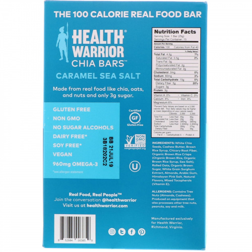 Health Warrior, Inc., Chia Bars, Caramel Sea Salt, 15 Bars, 0.88 oz (25 g)