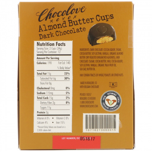 Chocolove, Чашечки с миндалевым маслом, темный шоколад, 12 упаковок по 2 чашечки, 1,2 унции (34 г) каждая