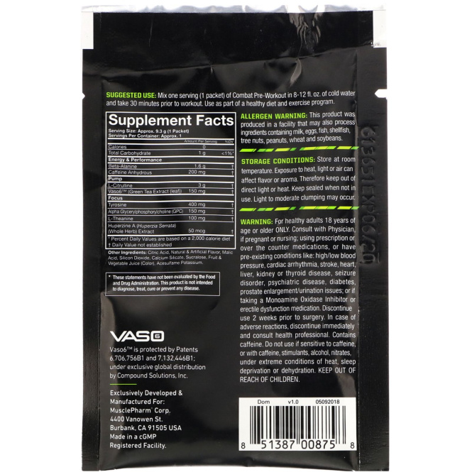 MusclePharm, Combat Предтренировочная формула, Голубая малина, 0,33 унц. (9,3 г) пробная расфасовка