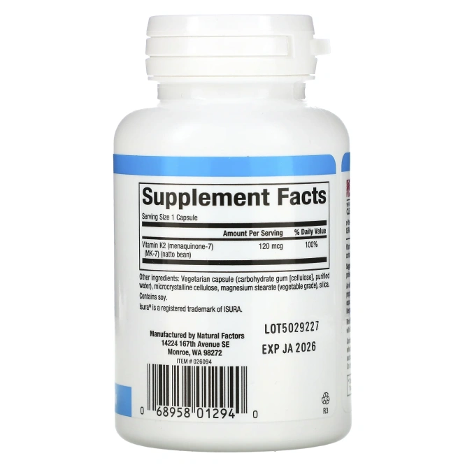 Natural Factors, витамин K2, 100 мкг, 60 вегетарианских капсул