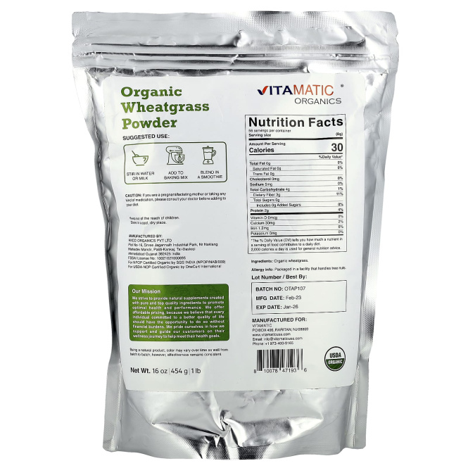 Vitamatic, Органический порошок ростков пшеницы, 454 г (16 унций)